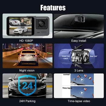 3 Objektyvo Automobilių DVR Brūkšnys Cam FHD 1080P Automobilių Vaizdo įrašymo Dashcam Judesio Detetion Galinio vaizdo Kamera, Naktinio Matymo Automobilių Dashcam vaizdo Kamera