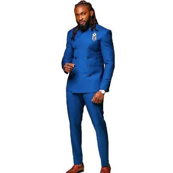 Afrikoje Mėlyna Vyrų Kostiumai 2 Gabalus du kartus Breated Nr. Atvartas de trajes boda para hombre Šiuolaikiniai Vyrai Drabužiai, Paltai+Kelnės